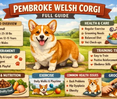 Adult Pembroke Welsh Corgi with a red and white coat standing alert on grass