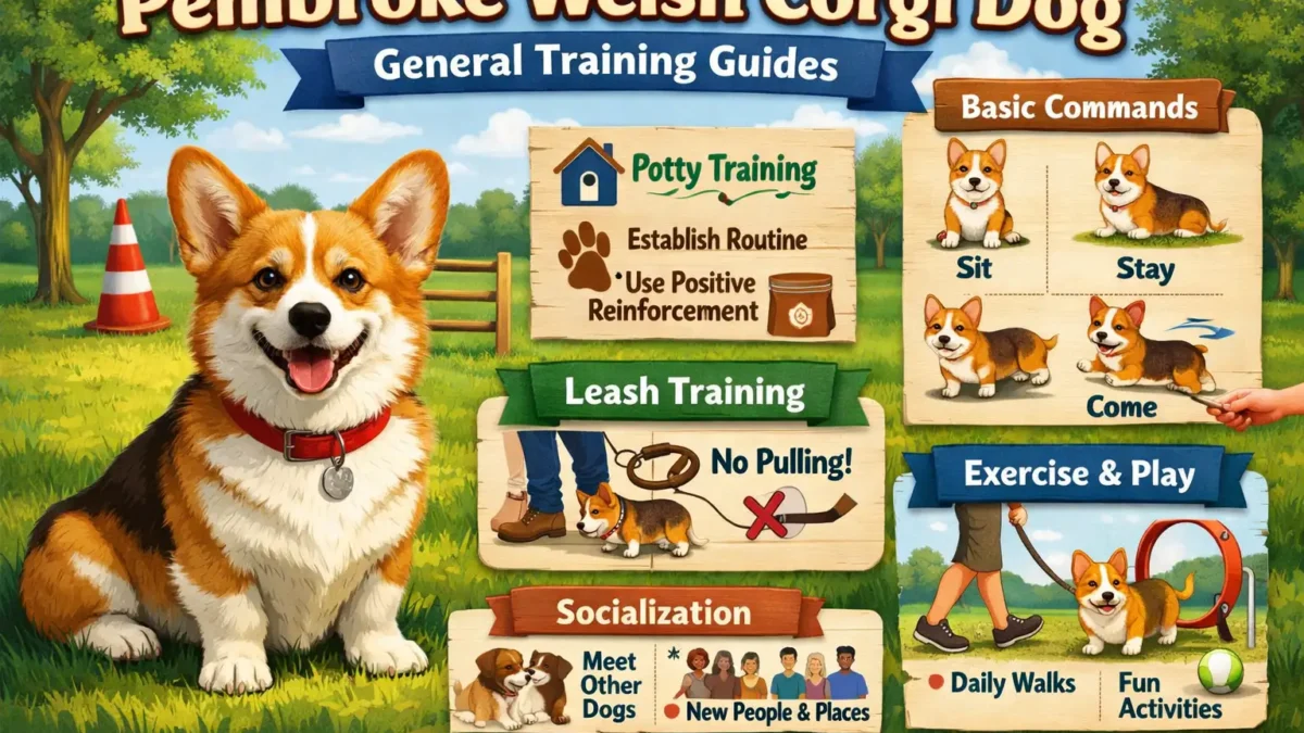 A Pembroke Welsh Corgi practicing obedience training with its owner outdoors