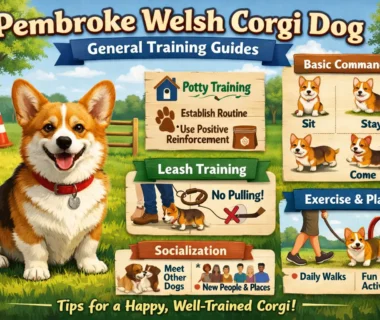 A Pembroke Welsh Corgi practicing obedience training with its owner outdoors