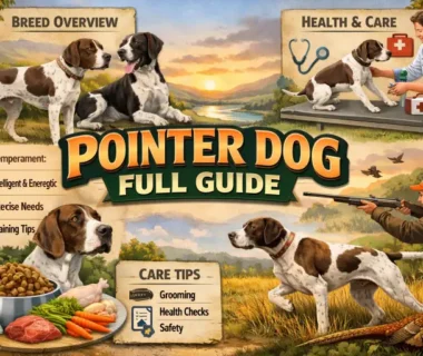 Adult Pointer dog standing outdoors, showing short smooth coat, athletic build, and alert expression