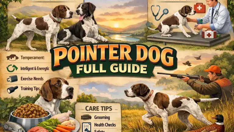 Adult Pointer dog standing outdoors, showing short smooth coat, athletic build, and alert expression