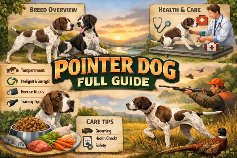 Adult Pointer dog standing outdoors, showing short smooth coat, athletic build, and alert expression