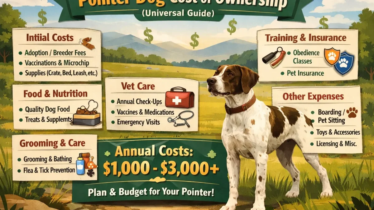 Adult Pointer dog standing alert outdoors, showing its short coat, athletic build, and energetic posture