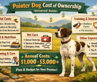 Adult Pointer dog standing alert outdoors, showing its short coat, athletic build, and energetic posture