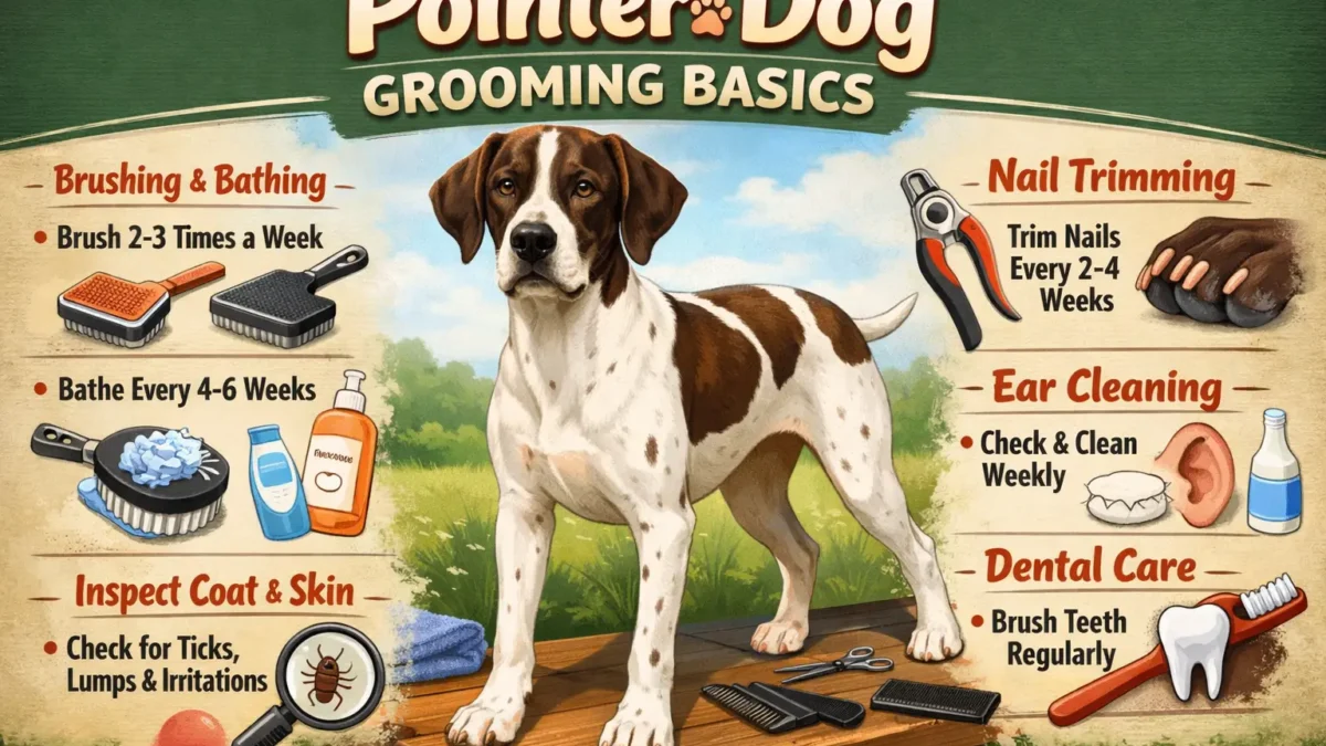 Adult Pointer dog being groomed at home, showing short sleek coat and brushing tools