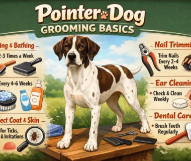 Adult Pointer dog being groomed at home, showing short sleek coat and brushing tools