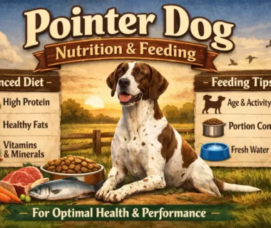 Adult Pointer dog eating a balanced meal to support energy and lean muscle