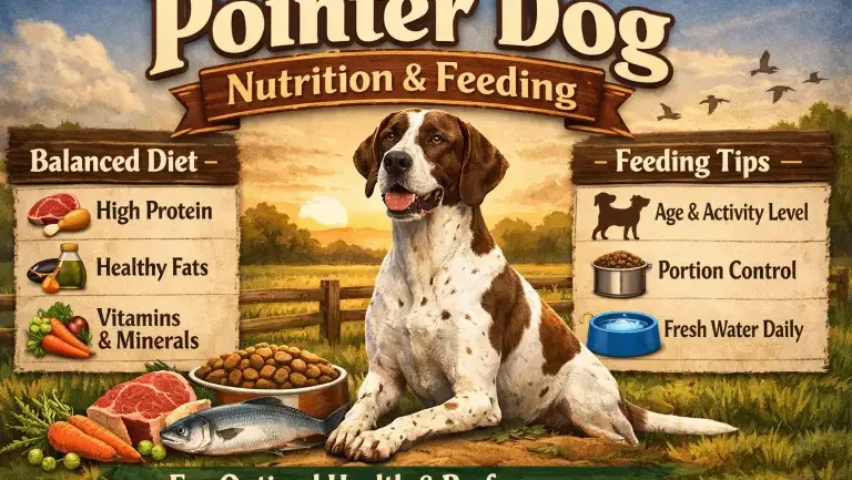 Adult Pointer dog eating a balanced meal to support energy and lean muscle