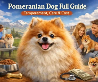 Pomeranian dog with a fluffy double coat and alert fox-like face indoors