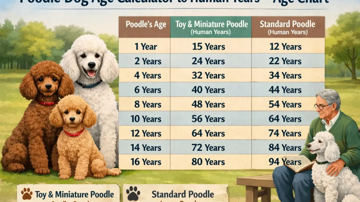 Poodle age calculator to human years showing toy, miniature, and standard poodles at different life stages