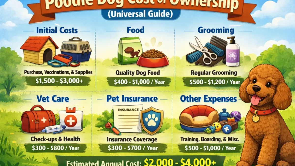 Poodle cost of ownership showing a well-groomed poodle standing outdoors with a healthy, curly coat