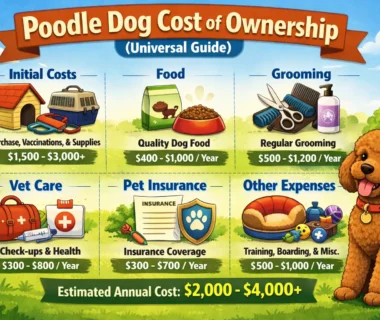 Poodle cost of ownership showing a well-groomed poodle standing outdoors with a healthy, curly coat