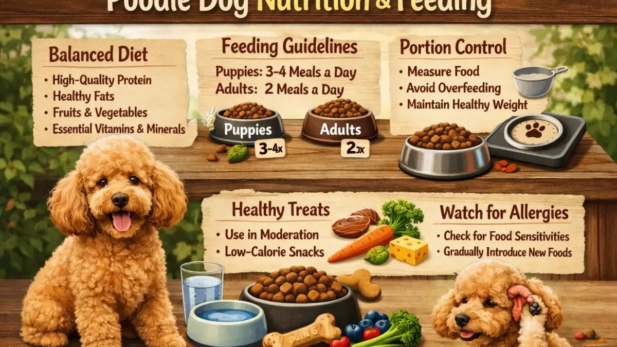 poodle dog nutrition guide showing a healthy poodle eating balanced dog food