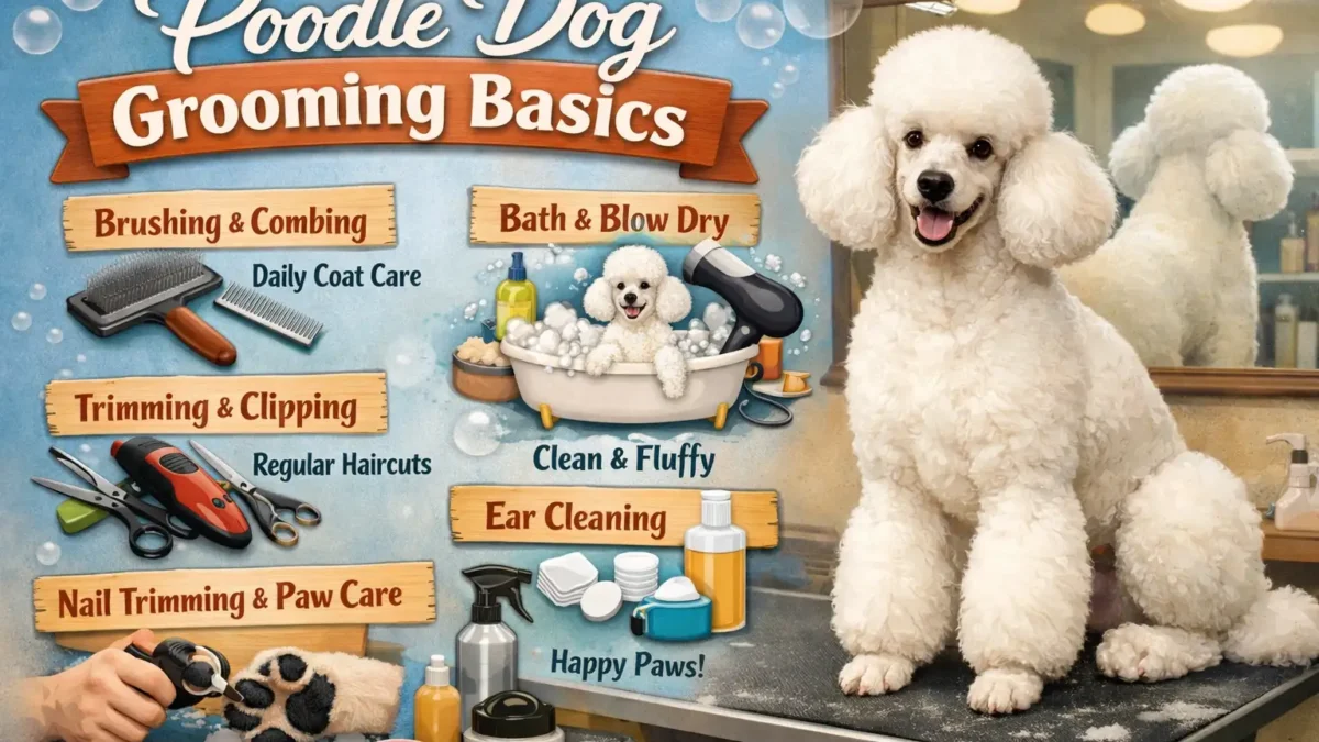 Poodle grooming basics showing a curly-coated Poodle being brushed during a home grooming routine