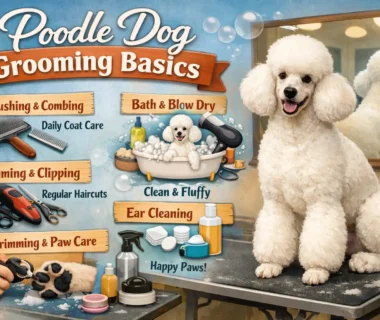 Poodle grooming basics showing a curly-coated Poodle being brushed during a home grooming routine