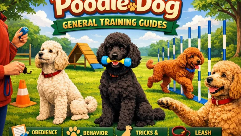 poodle training with an owner practicing basic obedience in a calm home setting