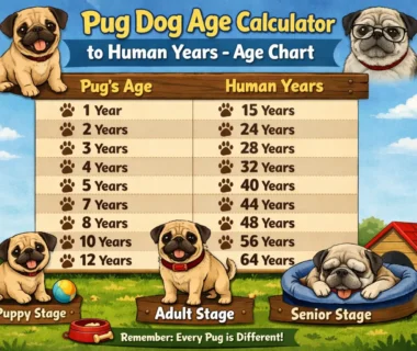 Pug dog age calculator to human years showing a fawn Pug sitting calmly, representing age comparison and life stages