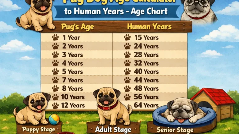 Pug dog age calculator to human years showing a fawn Pug sitting calmly, representing age comparison and life stages