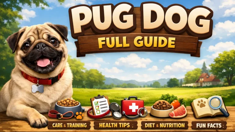 Pug dog breed standing indoors showing a small, compact body, wrinkled face, and short smooth coat