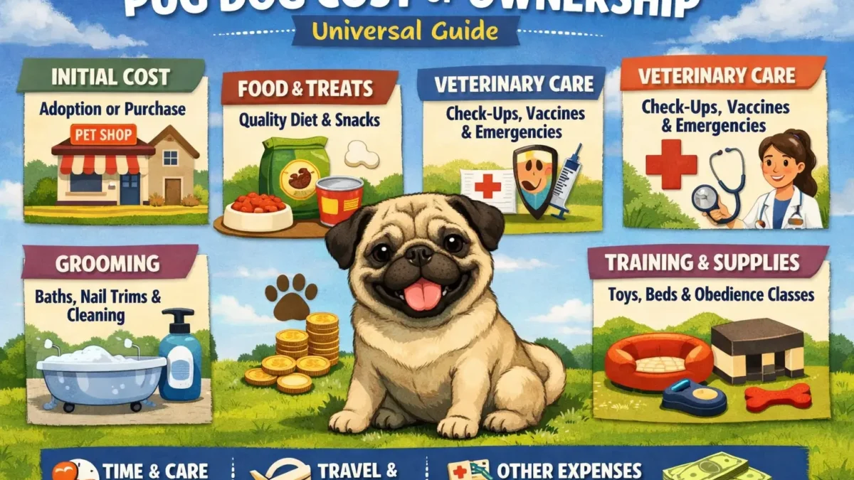 pug dog cost of ownership showing an adult pug sitting indoors with common care items like food bowls and toys