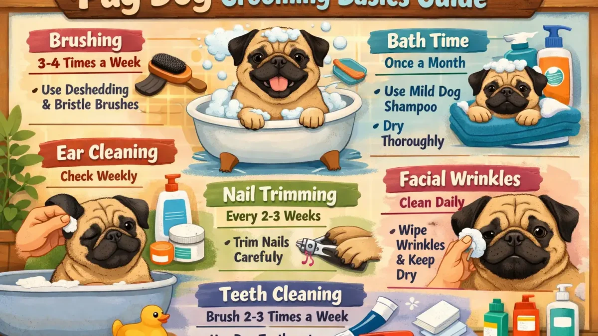 Pug dog grooming basics showing a short-haired pug being gently brushed and cleaned at home