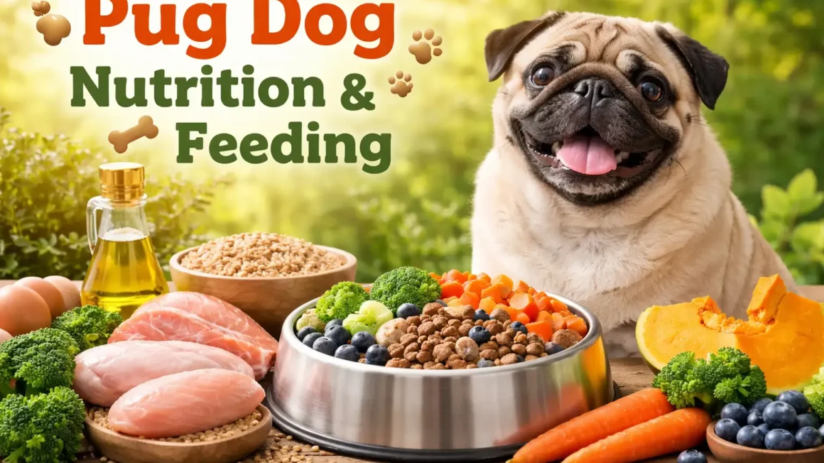 Pug dog nutrition shown with an adult pug eating a balanced meal from a bowl at home