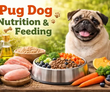 Pug dog nutrition shown with an adult pug eating a balanced meal from a bowl at home