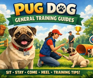 pug dog training with an adult pug sitting calmly and focusing on its owner during a short training session