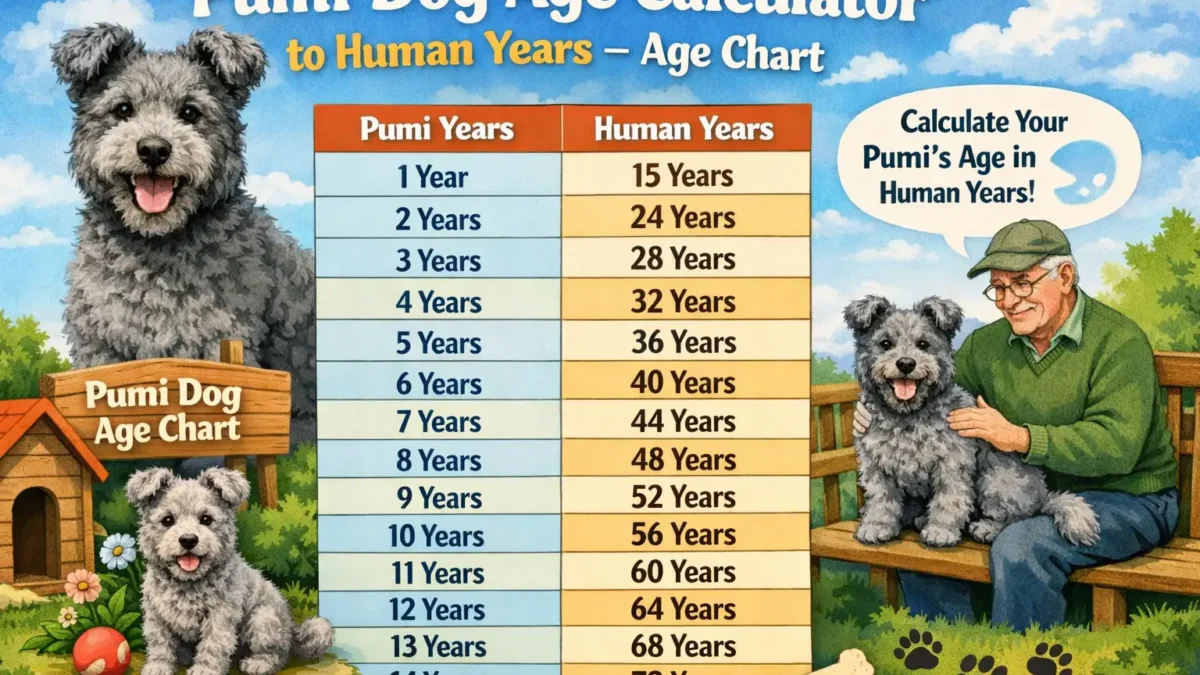 Pumi dog age calculator showing how Pumi years convert to human years with puppy, adult, and senior stages