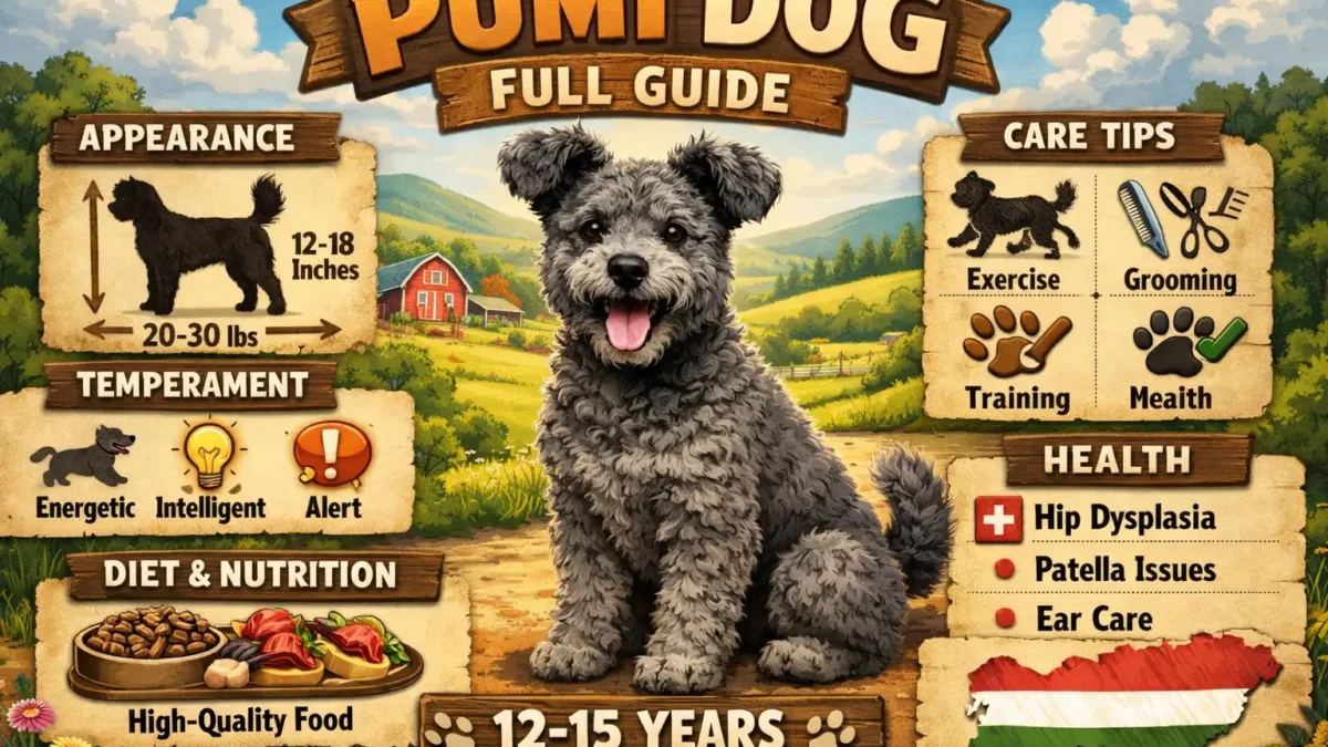 Pumi dog standing alert with curly coat and upright ears