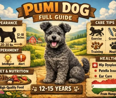 Pumi dog standing alert with curly coat and upright ears