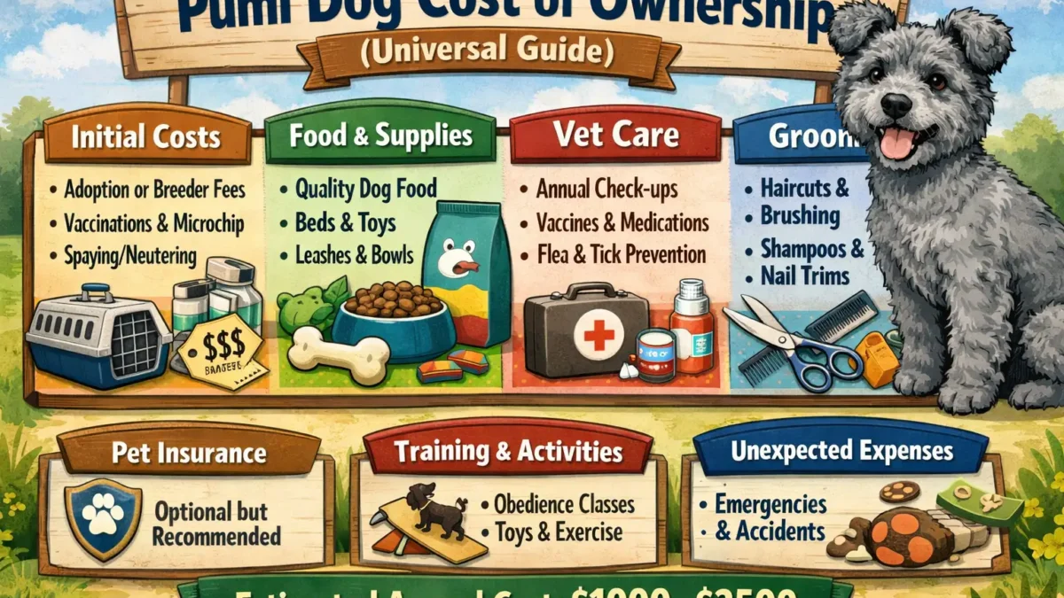 Pumi dog standing outdoors with curly coat, showing the typical size and appearance discussed in the Pumi dog cost of ownership guide.