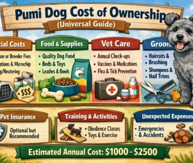 Pumi dog standing outdoors with curly coat, showing the typical size and appearance discussed in the Pumi dog cost of ownership guide.