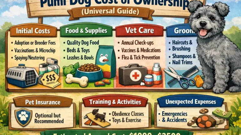 Pumi dog standing outdoors with curly coat, showing the typical size and appearance discussed in the Pumi dog cost of ownership guide.