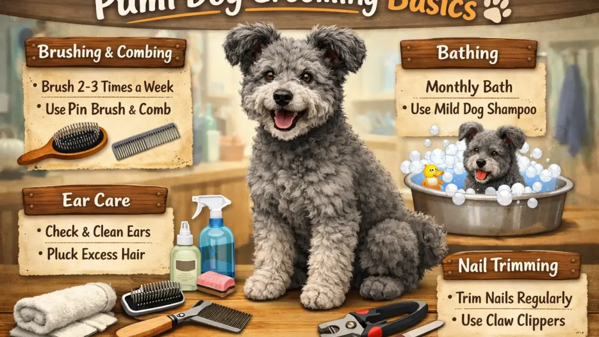 pumi dog grooming showing an adult Pumi with a curly coat being brushed at home