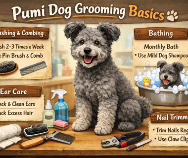 pumi dog grooming showing an adult Pumi with a curly coat being brushed at home