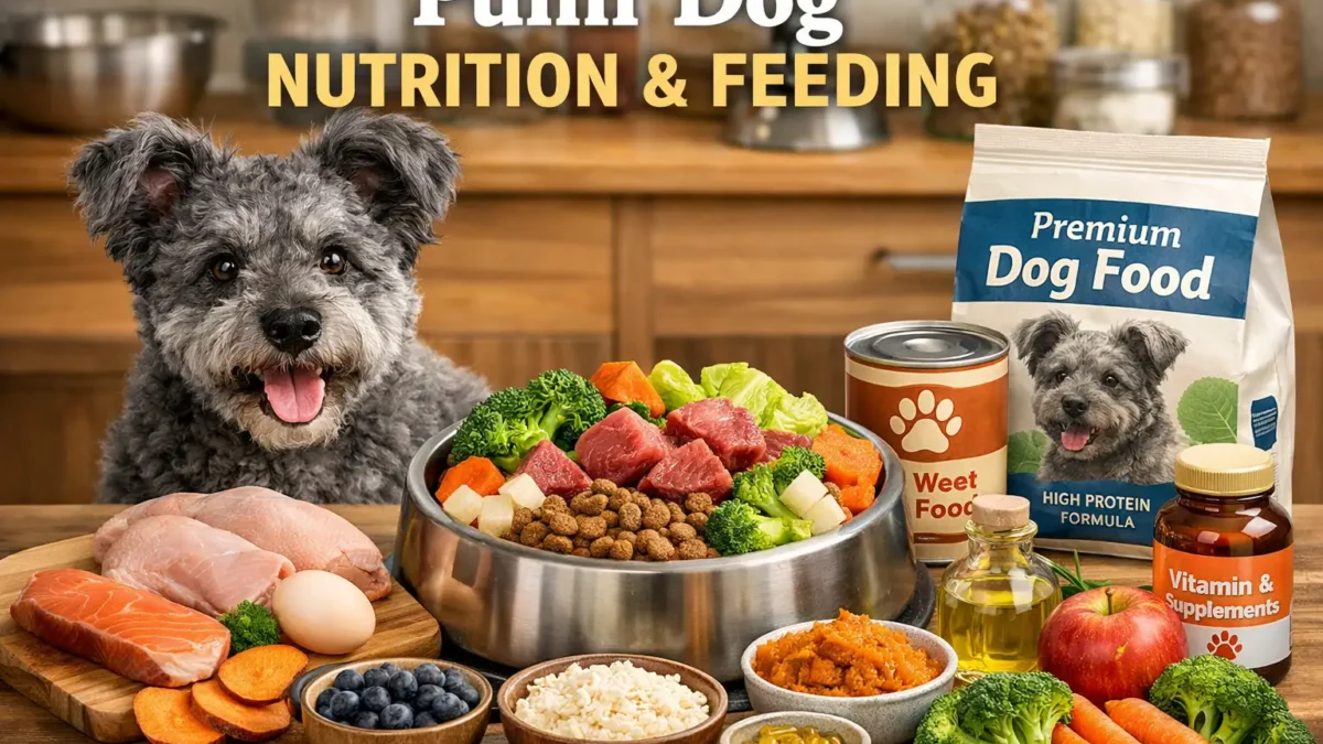 adult Pumi dog with curly coat eating a balanced meal as part of proper Pumi dog nutrition