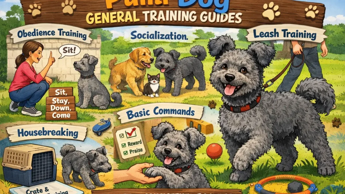 Pumi dog training session showing an alert, curly-coated Pumi responding to basic commands indoors