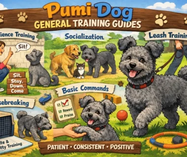 Pumi dog training session showing an alert, curly-coated Pumi responding to basic commands indoors
