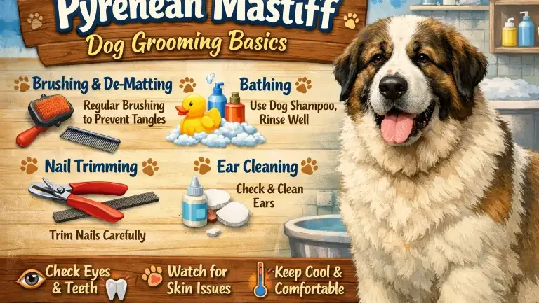 : Pyrenean Mastiff being brushed to maintain its long, dense coat and reduce shedding