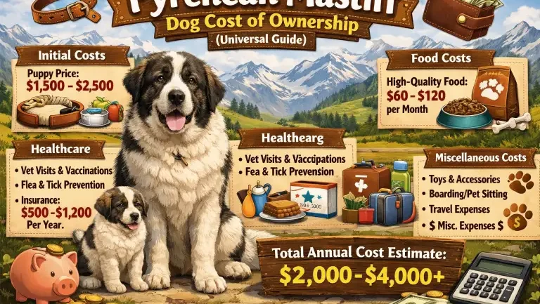 Adult Pyrenean Mastiff standing outdoors in a rural environment, highlighting its guardian size