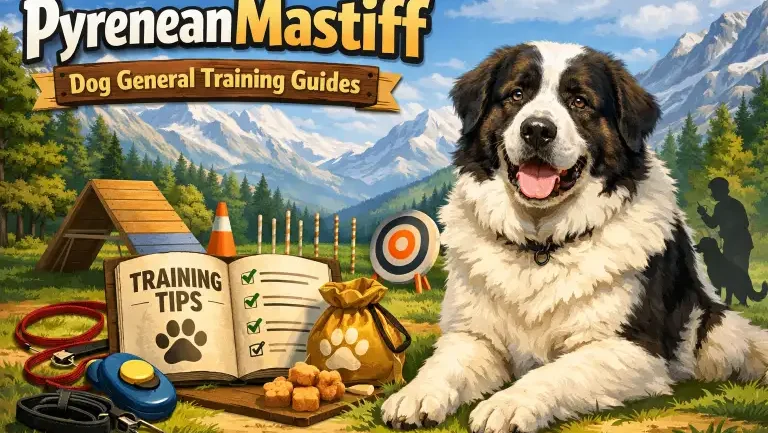 : Pyrenean Mastiff calmly following commands during outdoor obedience training