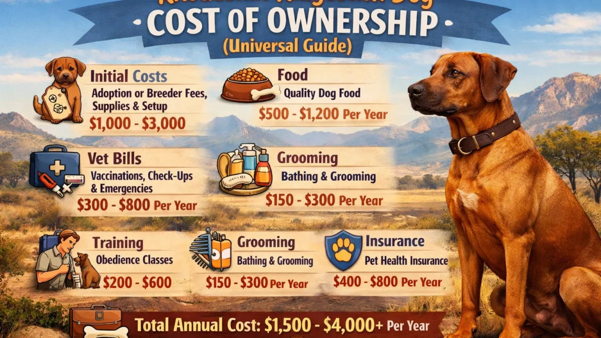 Adult Rhodesian Ridgeback sitting outdoors, illustrating dog ownership costs
