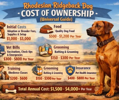 Adult Rhodesian Ridgeback sitting outdoors, illustrating dog ownership costs