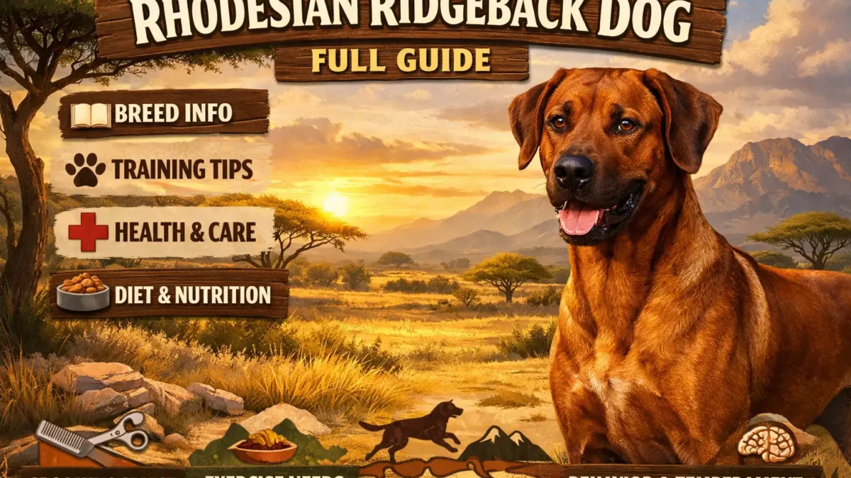 Adult Rhodesian Ridgeback standing in a yard showing muscular build and distinctive ridge along its back
