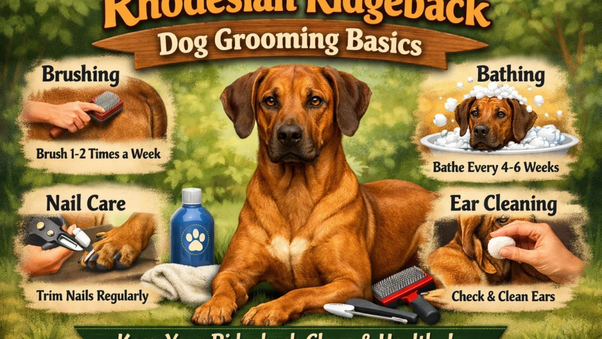 A Rhodesian Ridgeback dog being gently brushed to maintain a healthy coat