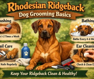 A Rhodesian Ridgeback dog being gently brushed to maintain a healthy coat