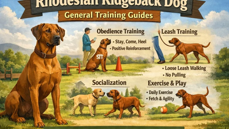 Adult Rhodesian Ridgeback learning commands from owner during a training session