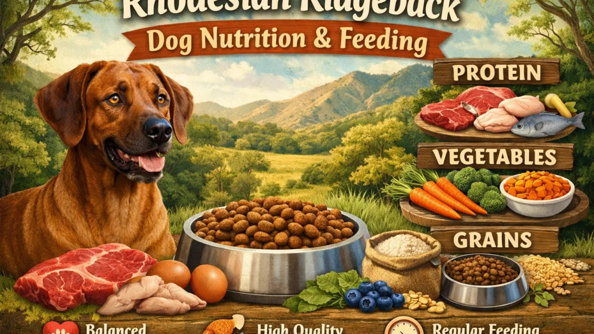 Adult Rhodesian Ridgeback dog eating a balanced meal from a bowl