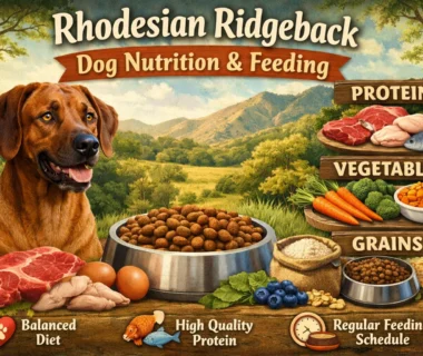 Adult Rhodesian Ridgeback dog eating a balanced meal from a bowl